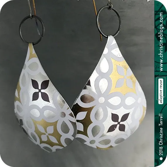 Silver & Gold Geometric Tin Big Teardrop Earrings 40th Birthday Gift