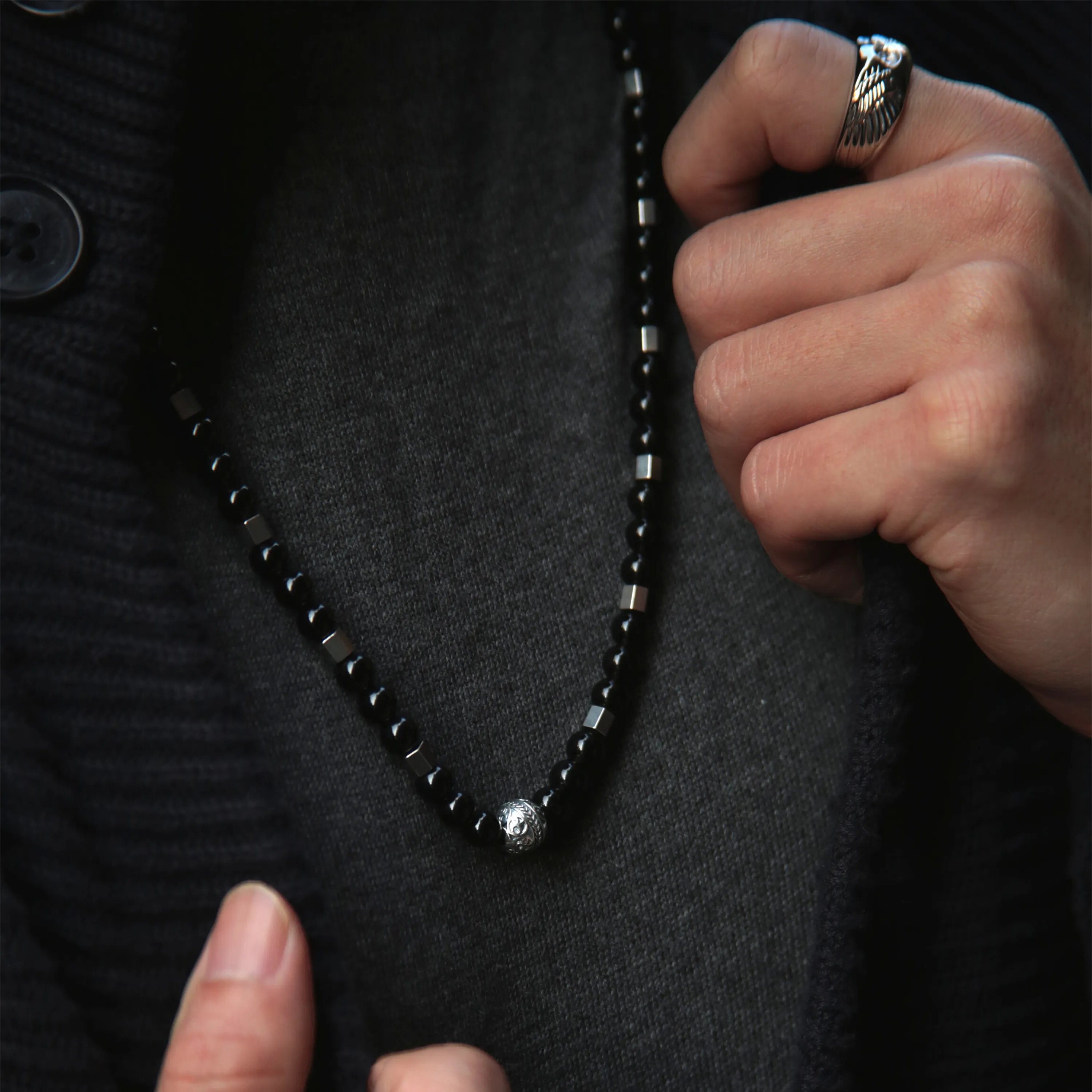 Silver Obsidian Beaded Necklace
