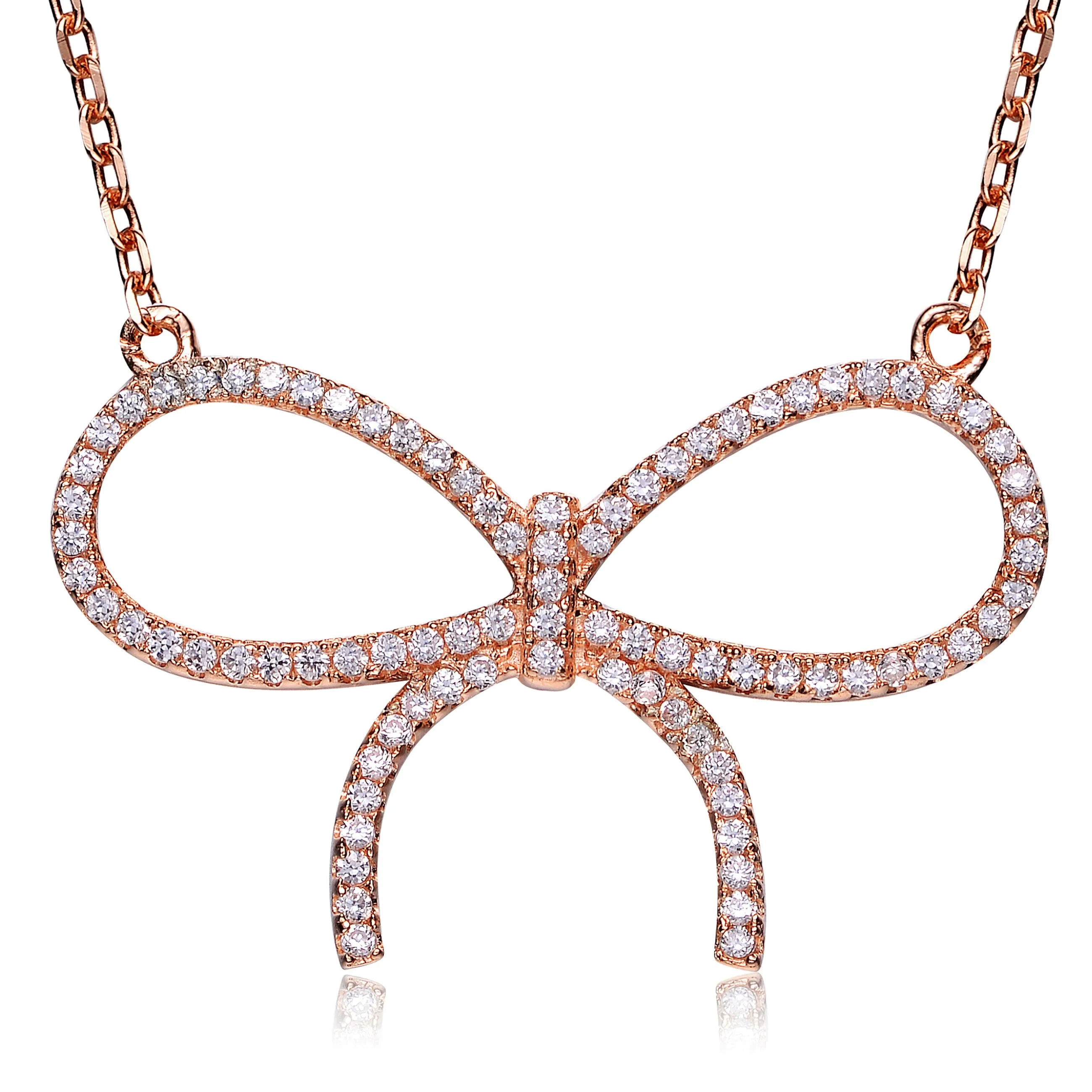 Sterling Silver 18K Rose Plated Ruby Cubic Zirconia Bow Tie Necklace