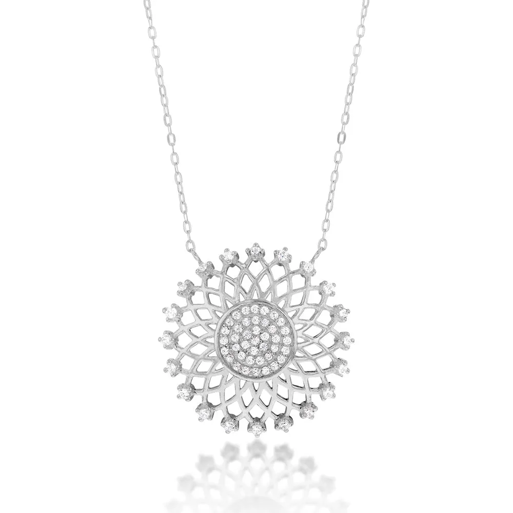 Sterling Silver Cubic Zirconia Flower Pendant on 42 3cm Chain