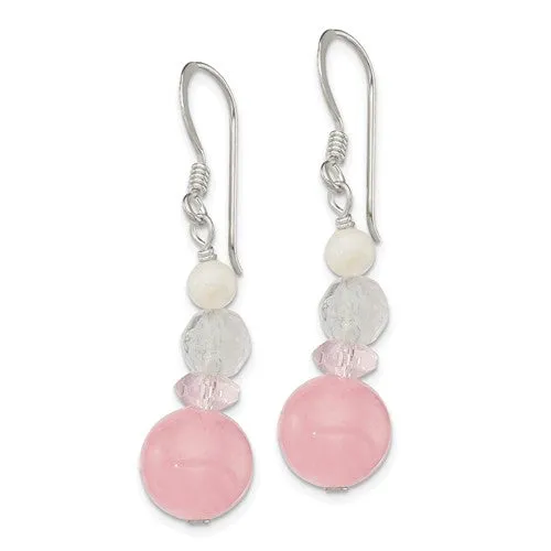 Sterling Silver Pink White Crystal Jade Mother Of Pearl Dangle Earrings