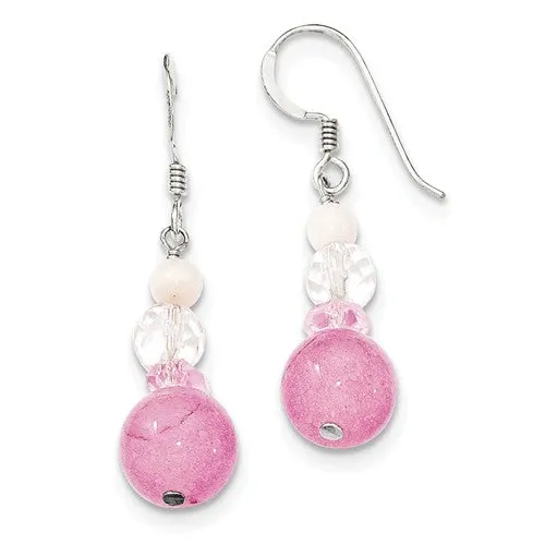 Sterling Silver Pink White Crystal Jade Mother Of Pearl Dangle Earrings