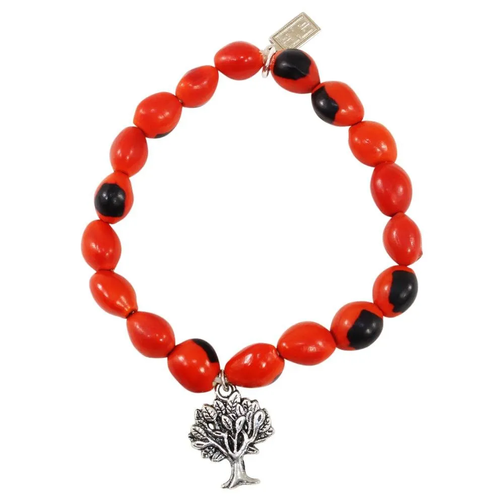Tree of Life Charm Stretchy Bracelet w/Meaningful Good Luck, Prosperity, Love Huayruro Seeds