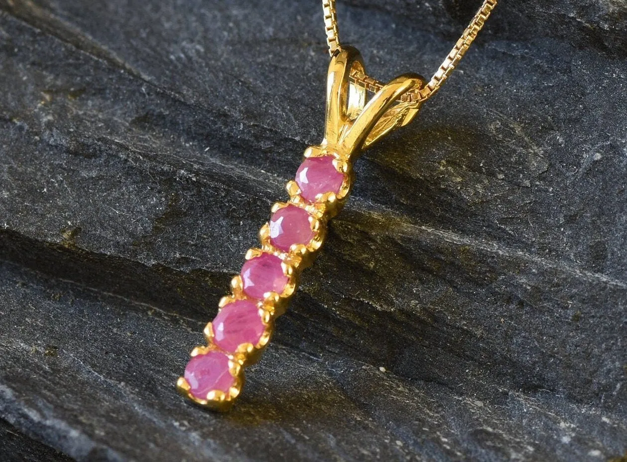 Vertical Ruby Pendant - Natural Ruby Necklace, Gold Ruby Necklace