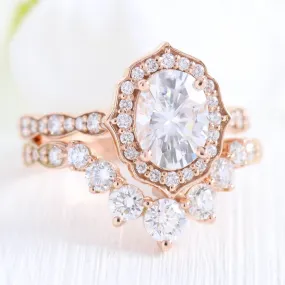 Vintage Floral Oval Ring Bridal Set w/ Moissanite and Large 7 Diamond Scalloped Band