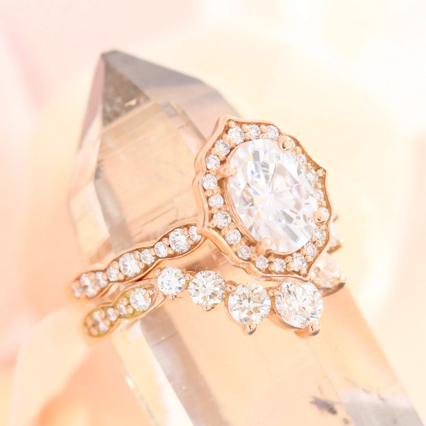 Vintage Floral Oval Ring Bridal Set w/ Moissanite and Large 7 Diamond Scalloped Band