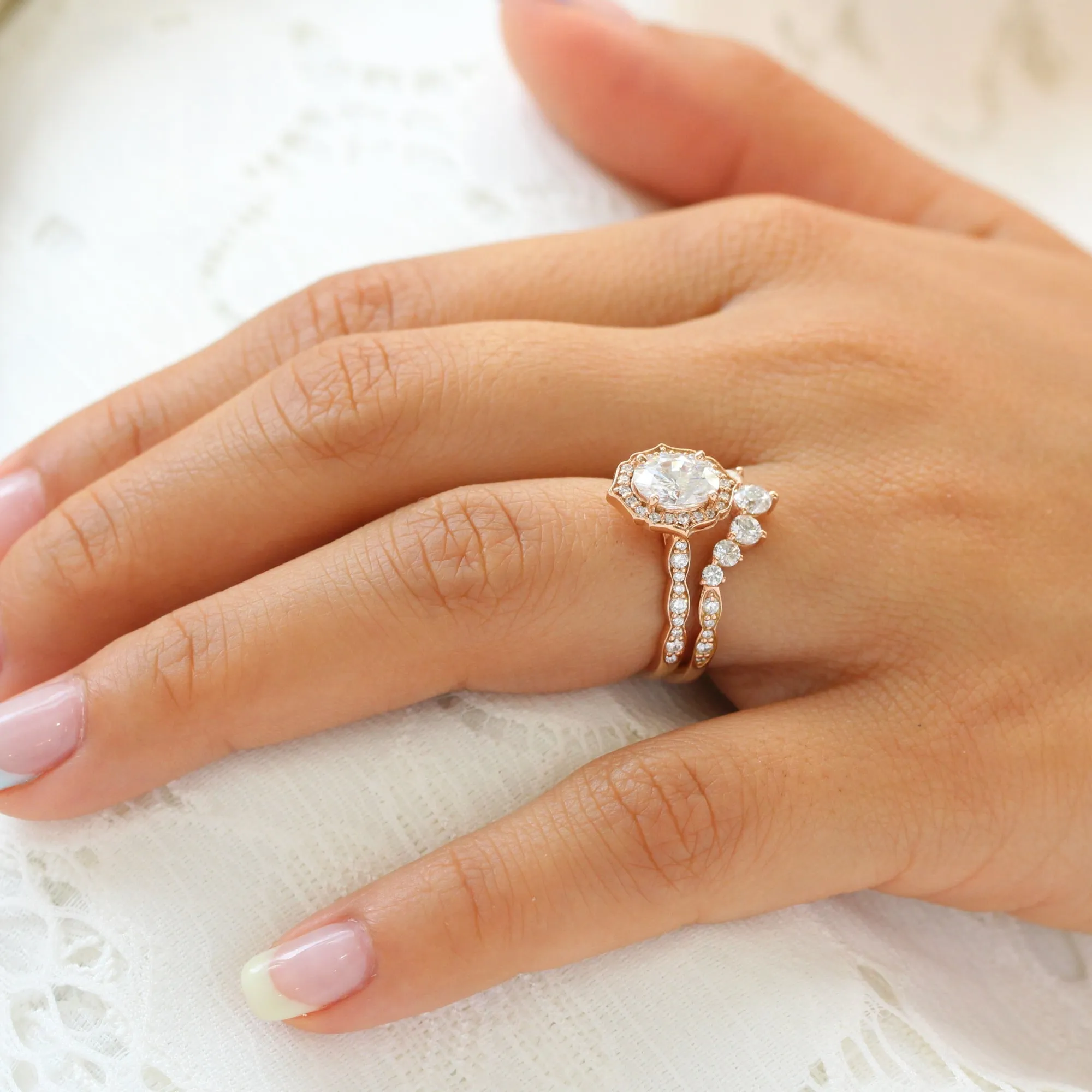 Vintage Floral Oval Ring Bridal Set w/ Moissanite and Large 7 Diamond Scalloped Band