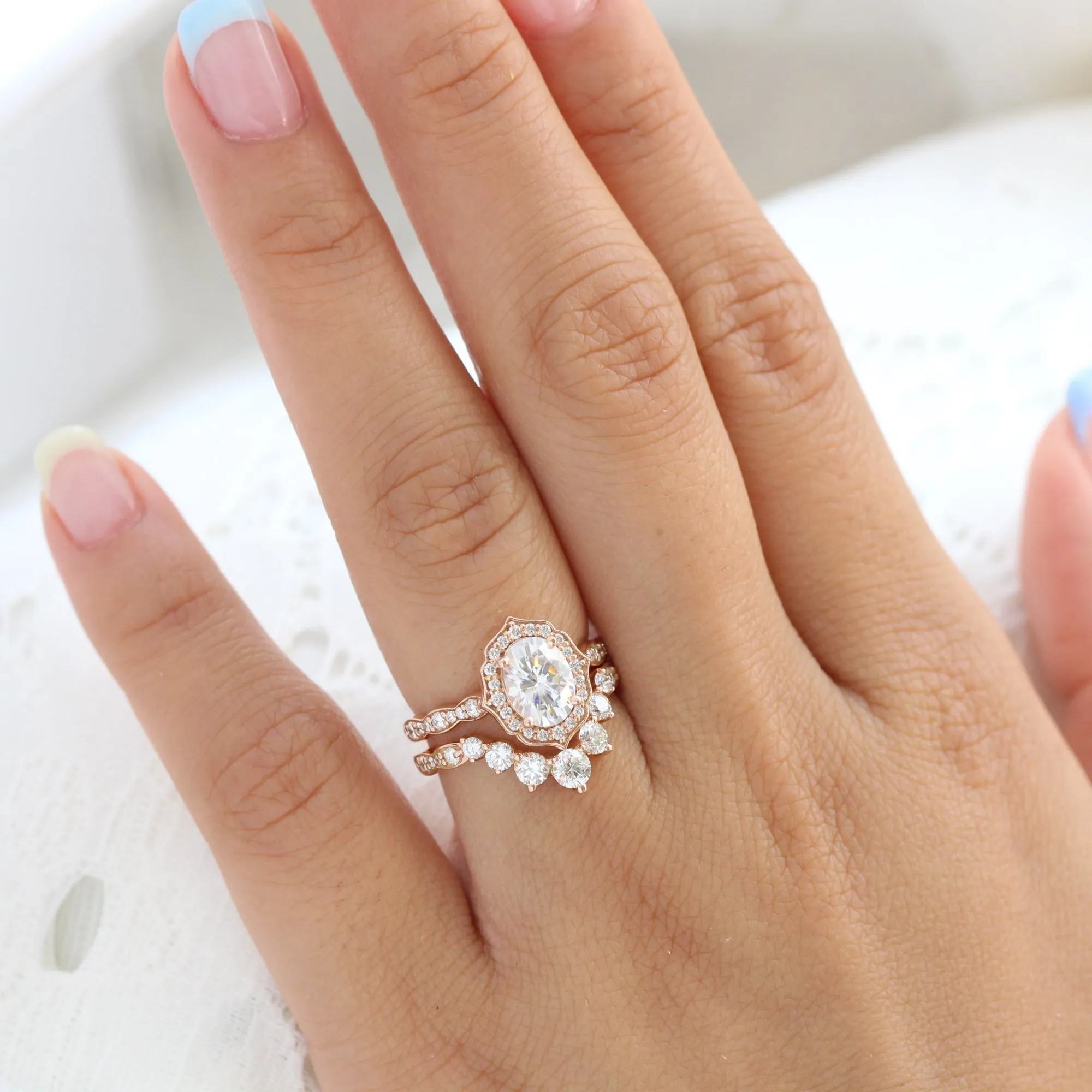 Vintage Floral Oval Ring Bridal Set w/ Moissanite and Large 7 Diamond Scalloped Band
