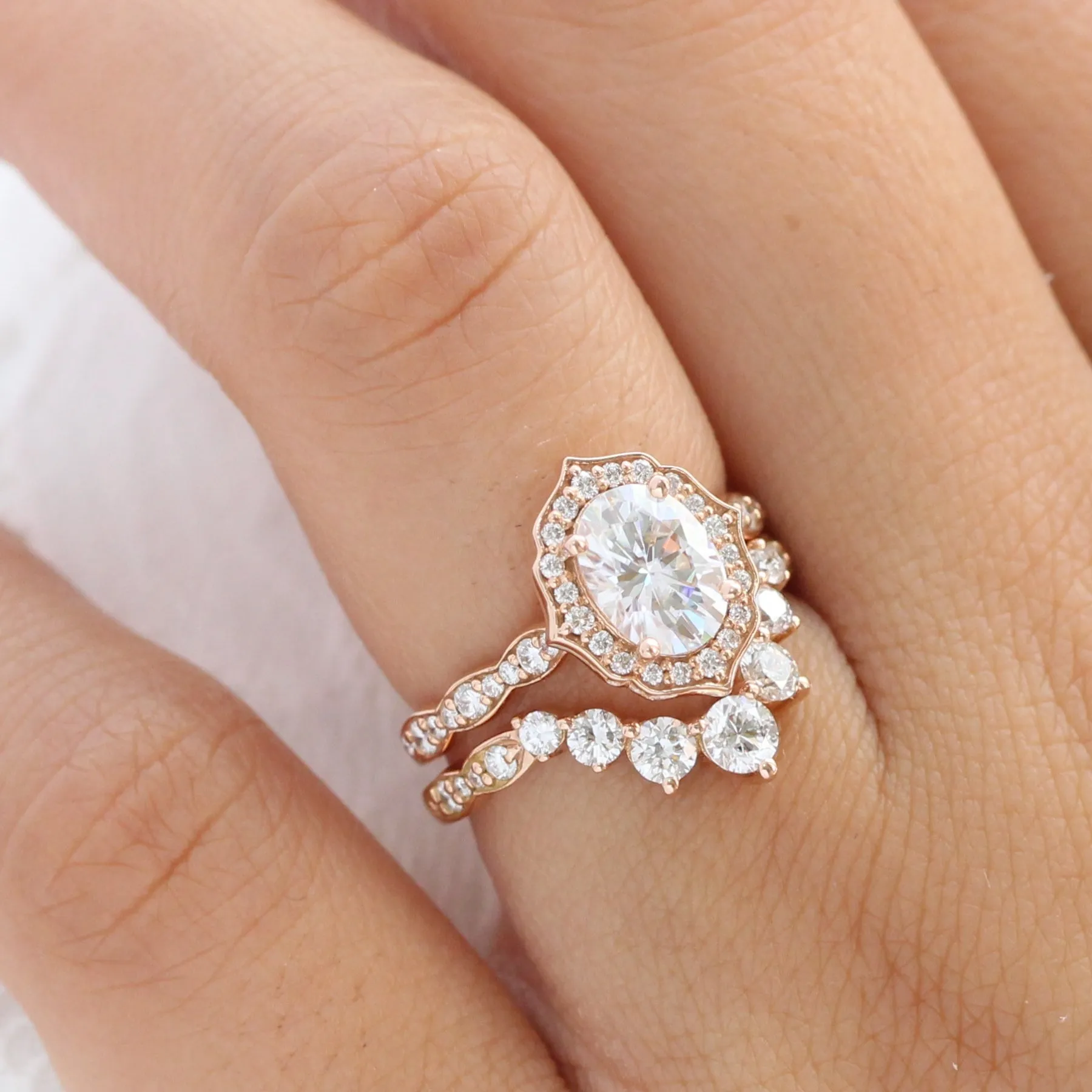 Vintage Floral Oval Ring Bridal Set w/ Moissanite and Large 7 Diamond Scalloped Band