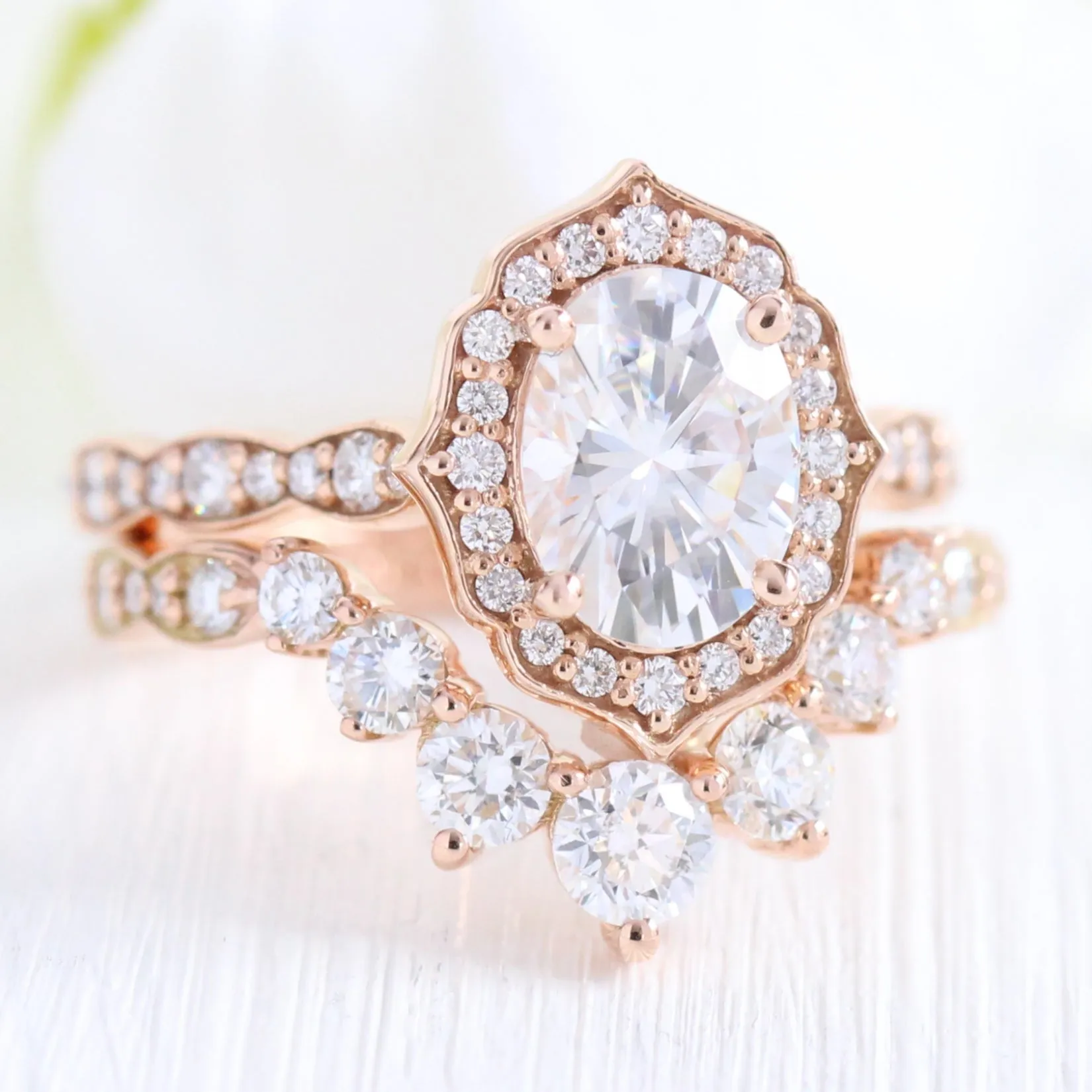 Vintage Floral Oval Ring Bridal Set w/ Moissanite and Large 7 Diamond Scalloped Band
