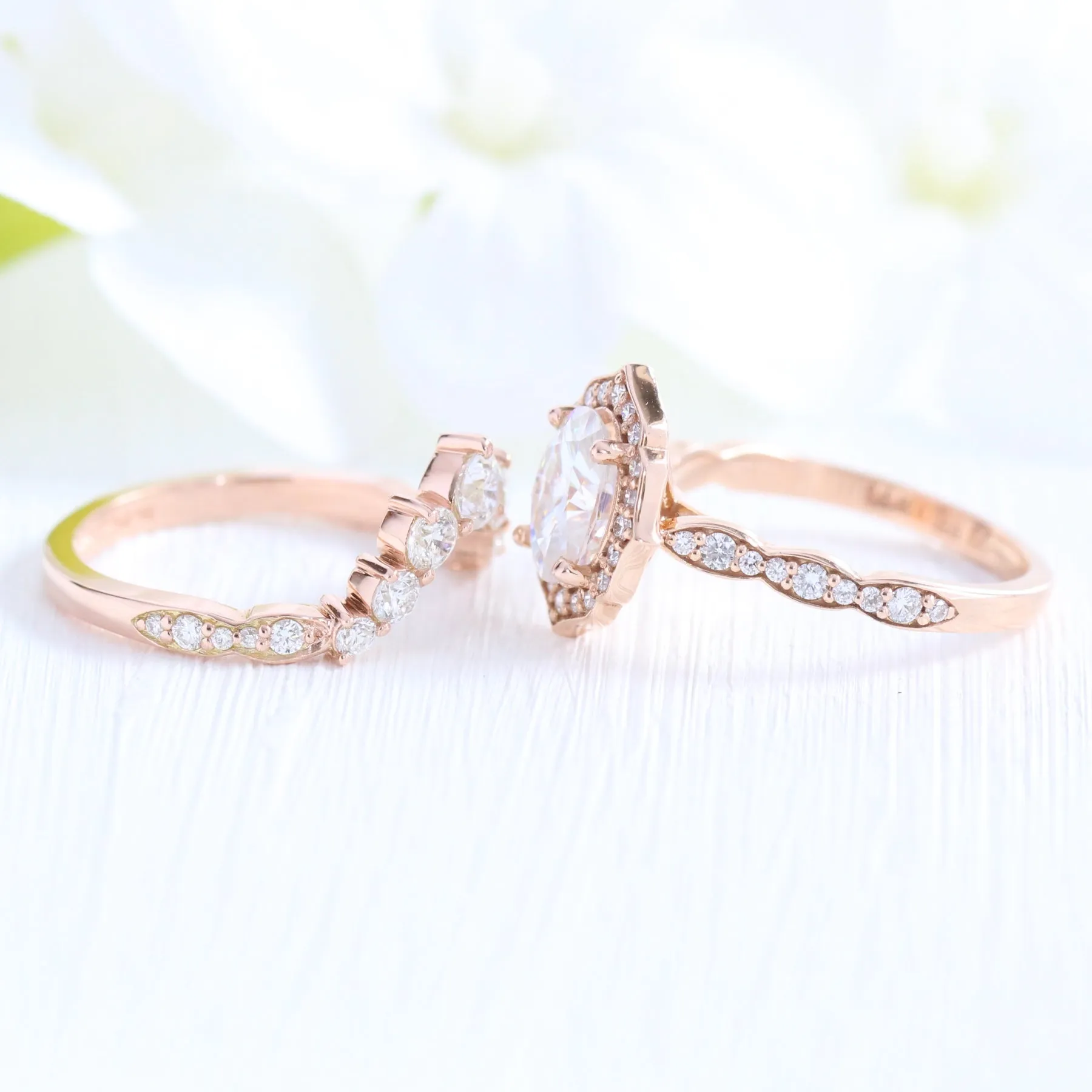 Vintage Floral Oval Ring Bridal Set w/ Moissanite and Large 7 Diamond Scalloped Band